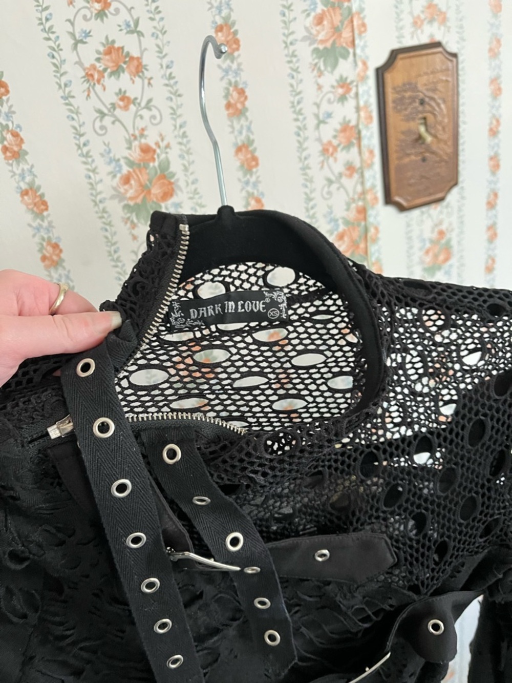 Dark In Love Black Distressed Mesh Gothic Buckle Top XS - Picture 3 of 3